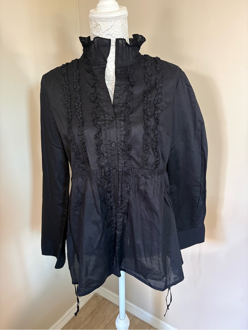 ELLE Black Ruffle Victorian Blouse Tunic 100% Cotton L